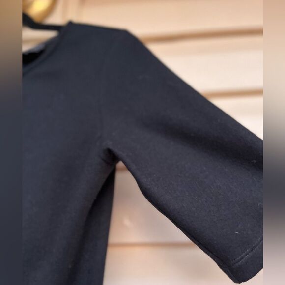 Theory black bodycon midi dress. Short sleeves, front waist valance, zipper, 2 - Picture 4 of 7